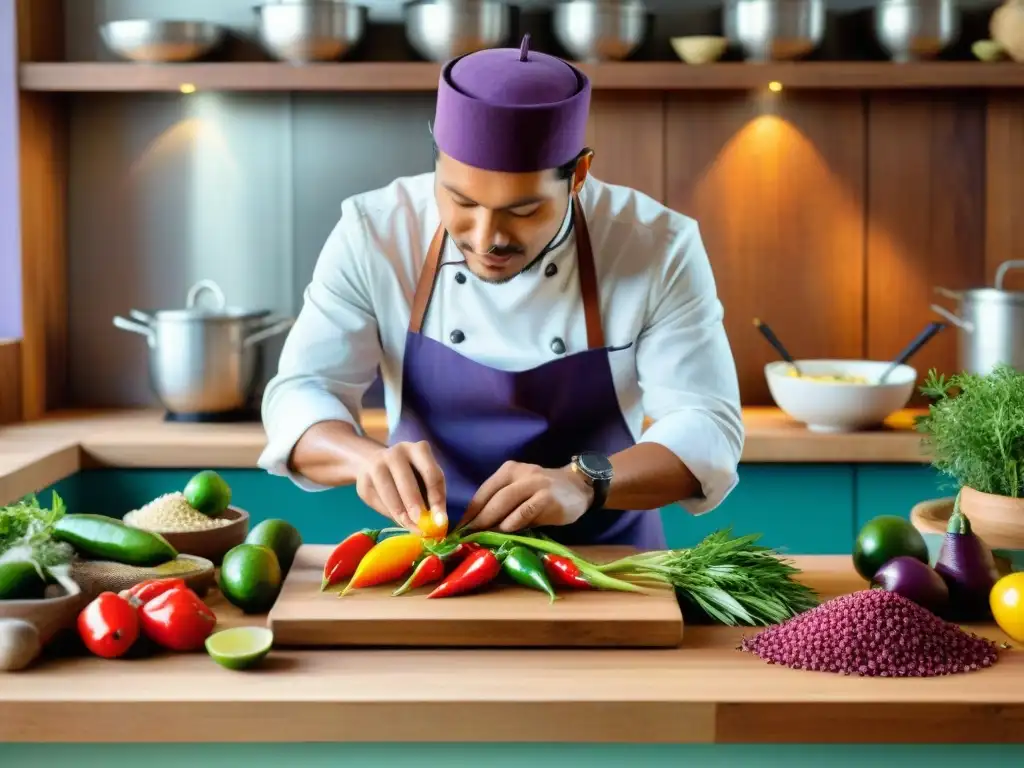 Un chef prepara ceviche en una cocina peruana tradicional con ingredientes vibrantes y libros de gastronomía peruana autóctonos