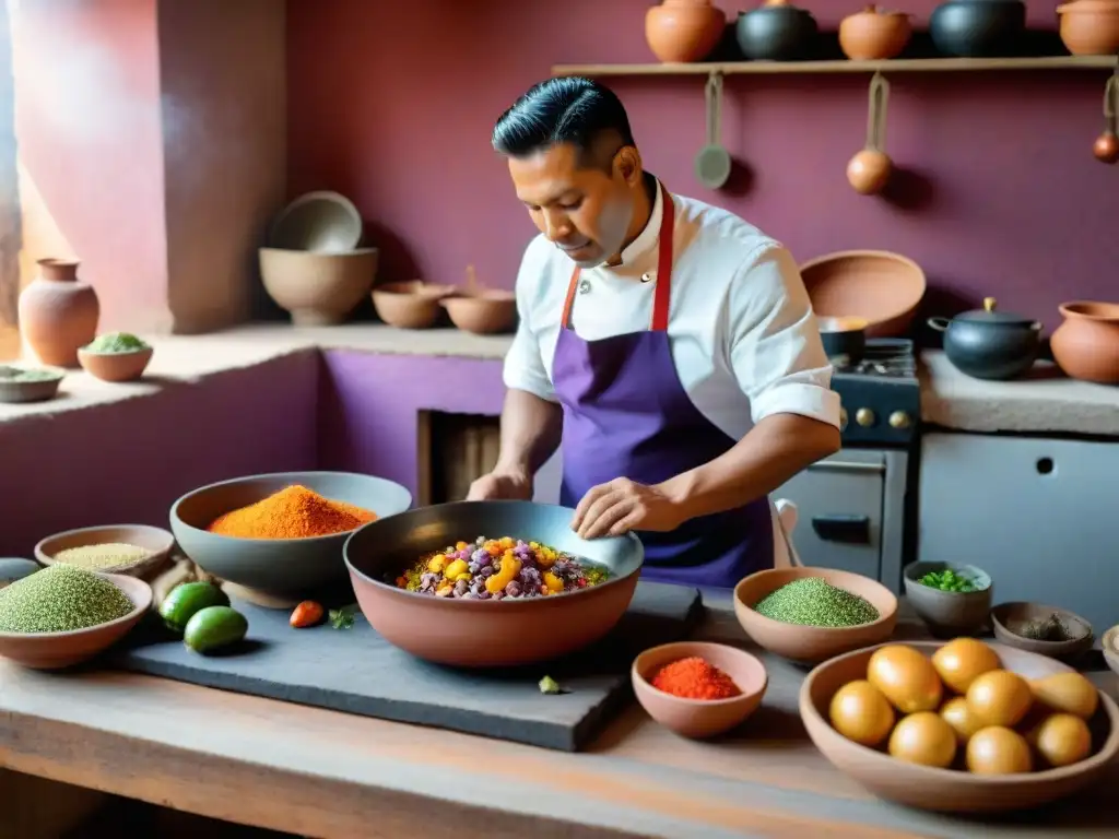 Un chef prepara ceviche en una cocina peruana tradicional con ingredientes coloridos