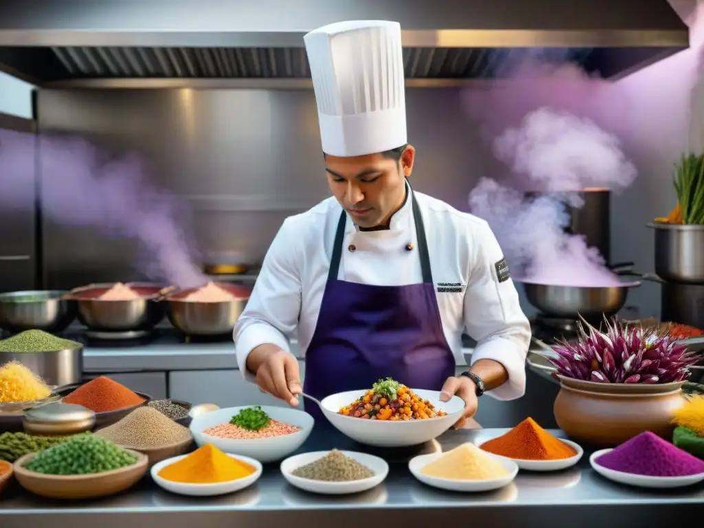 Chef preparando ceviche en cocina peruana con ingredientes icónicos