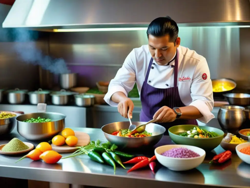 Chef preparando ceviche en una cocina regional peruana tradicional, con textiles coloridos y ingredientes autóctonos