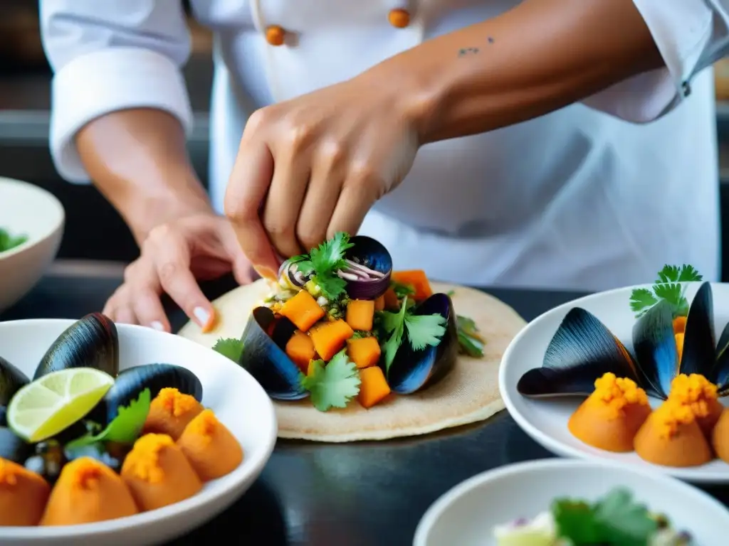 Un chef prepara ceviche de conchas negras con maestría, añadiendo un toque de color con batata