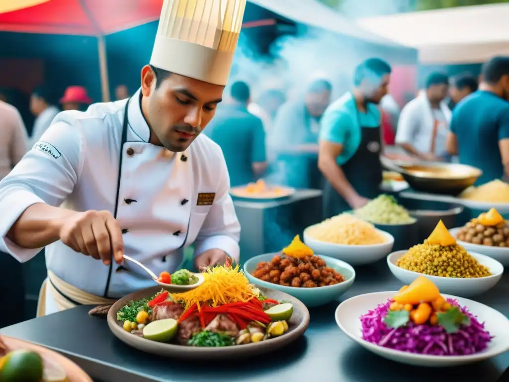 Chef preparando ceviche en festival de comida peruana, con variedad de platos típicos y multiculturalidad