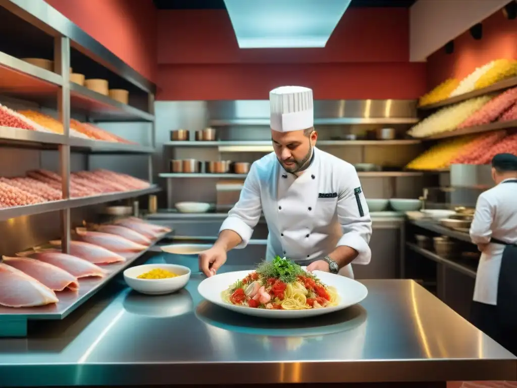 Chef prepara ceviche con influencia italiana en restaurante ItaloPeruano, fusionando tradiciones culinarias