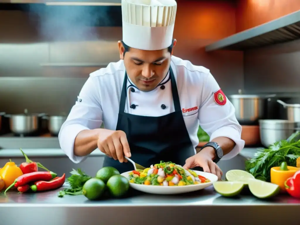 Un chef preparando ceviche con ingredientes autóctonos en una cocina peruana vibrante