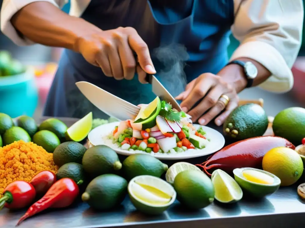 Un chef prepara ceviche en un mercado de Lima