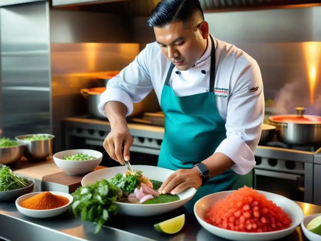 Un chef prepara un ceviche peruano en una bulliciosa cocina