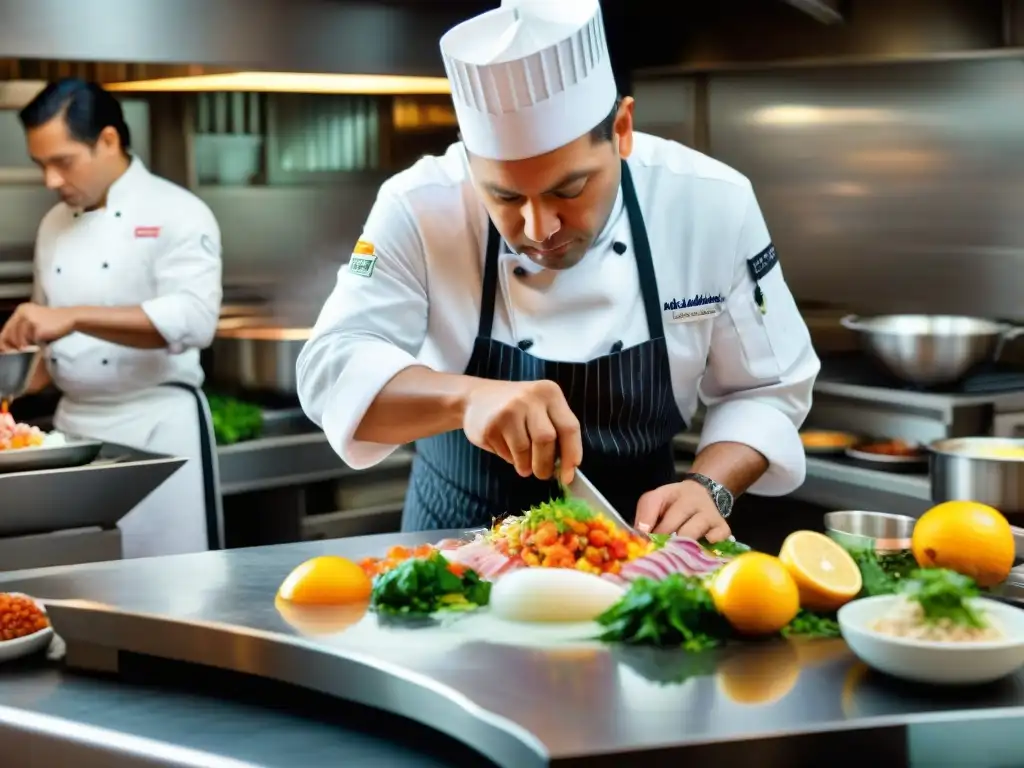 Chef Kurt Gutenbrunner preparando ceviche peruano en la cocina de Wallsé, Nueva York, con un equipo de sous chefs