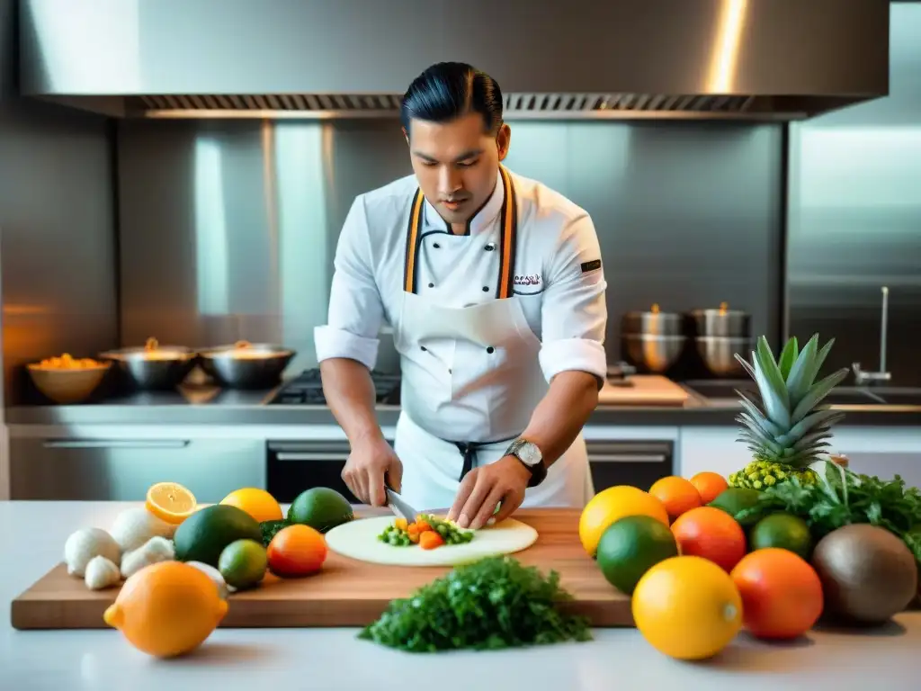 Un chef prepara ceviche peruano en cocina moderna, fusionando técnicas tradicionales y modernas