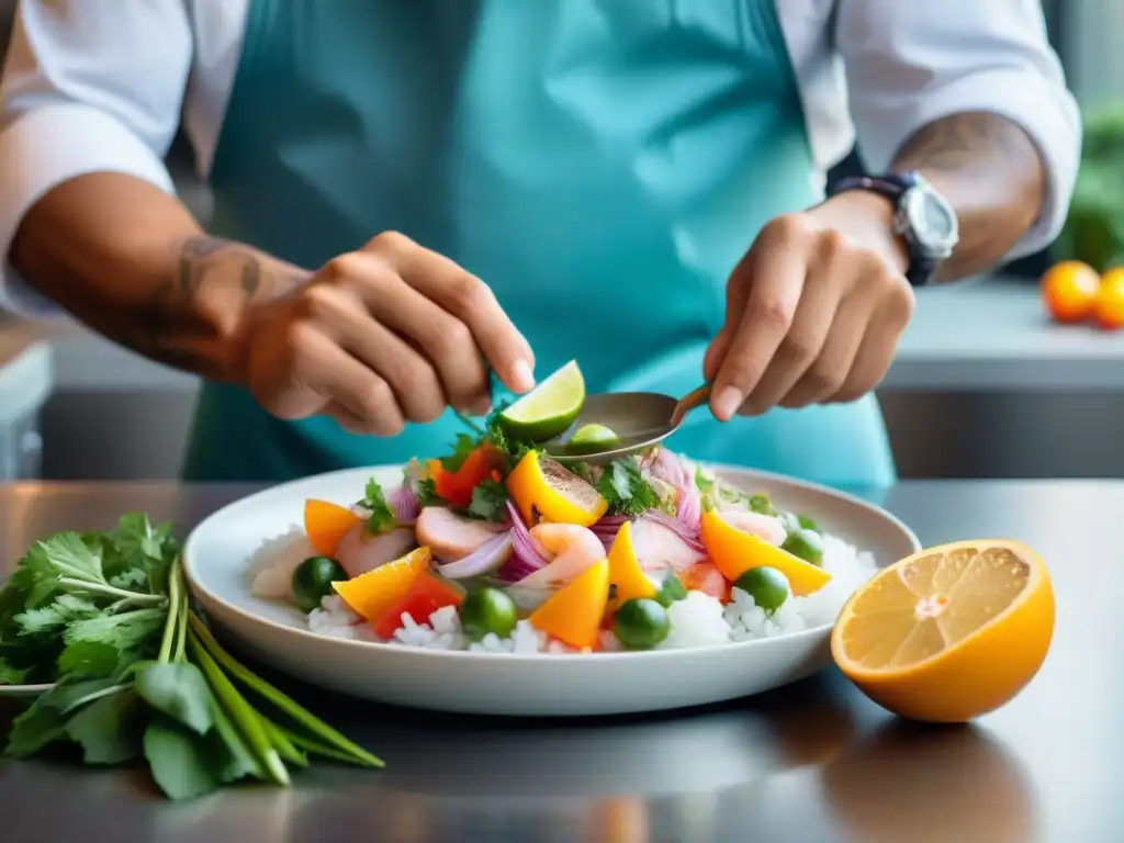 Un chef preparando ceviche peruano en una cocina moderna con ingredientes coloridos