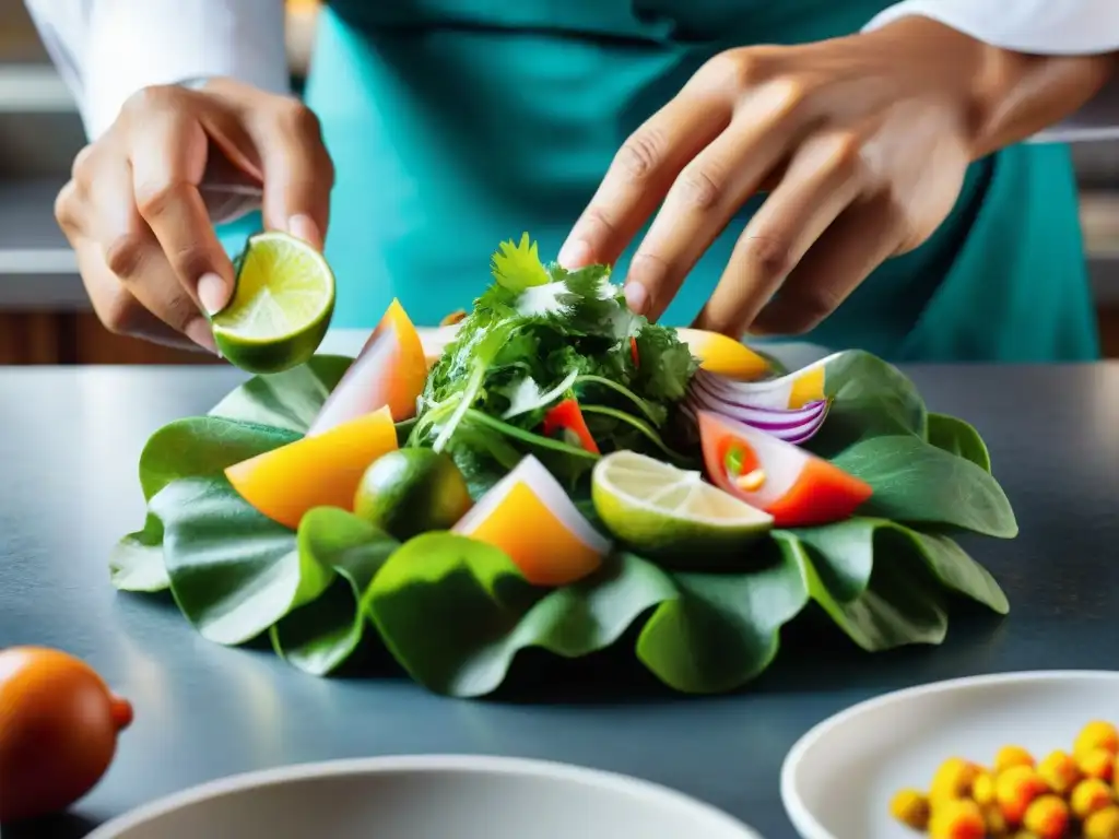 Un chef prepara ceviche peruano en cocina moderna, exaltando sabores y técnicas