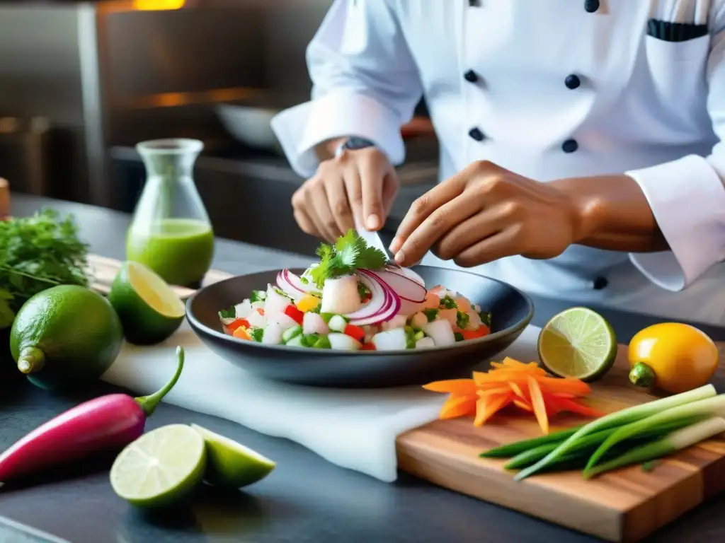 Un chef preparando ceviche peruano en cocina moderna