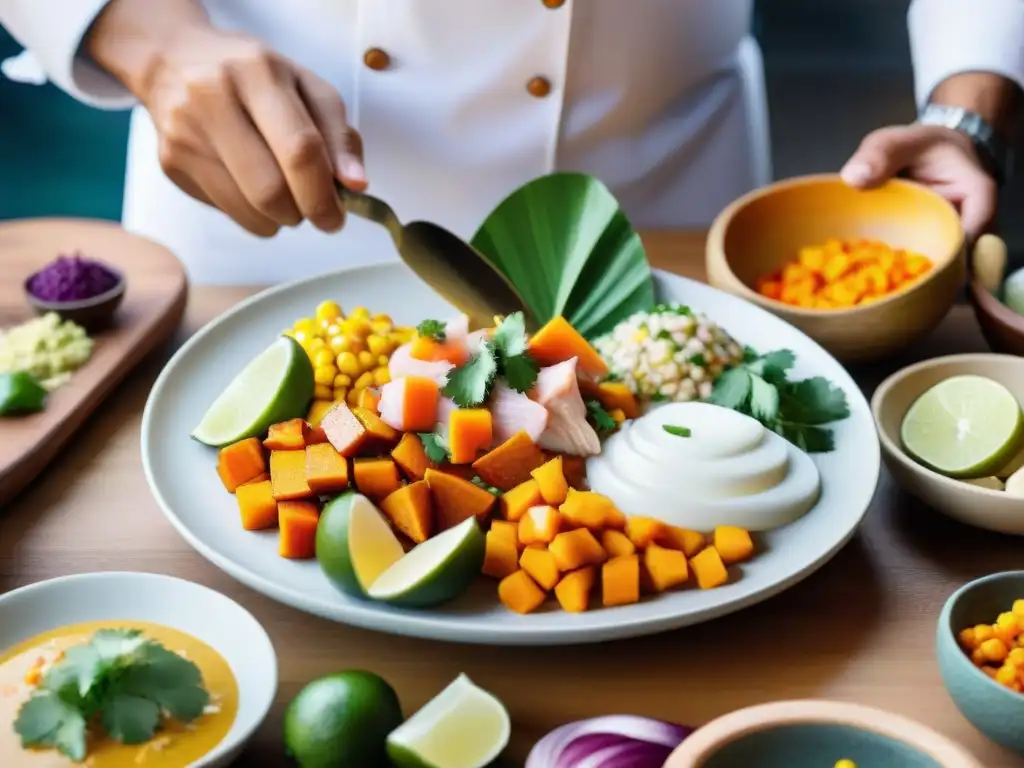 Un chef prepara ceviche peruano en una cocina bulliciosa con ingredientes frescos