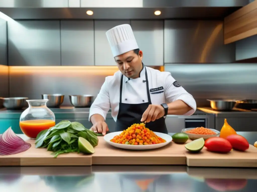 Un chef prepara un ceviche peruano en cocina moderna con técnicas de fermentación digital Perú