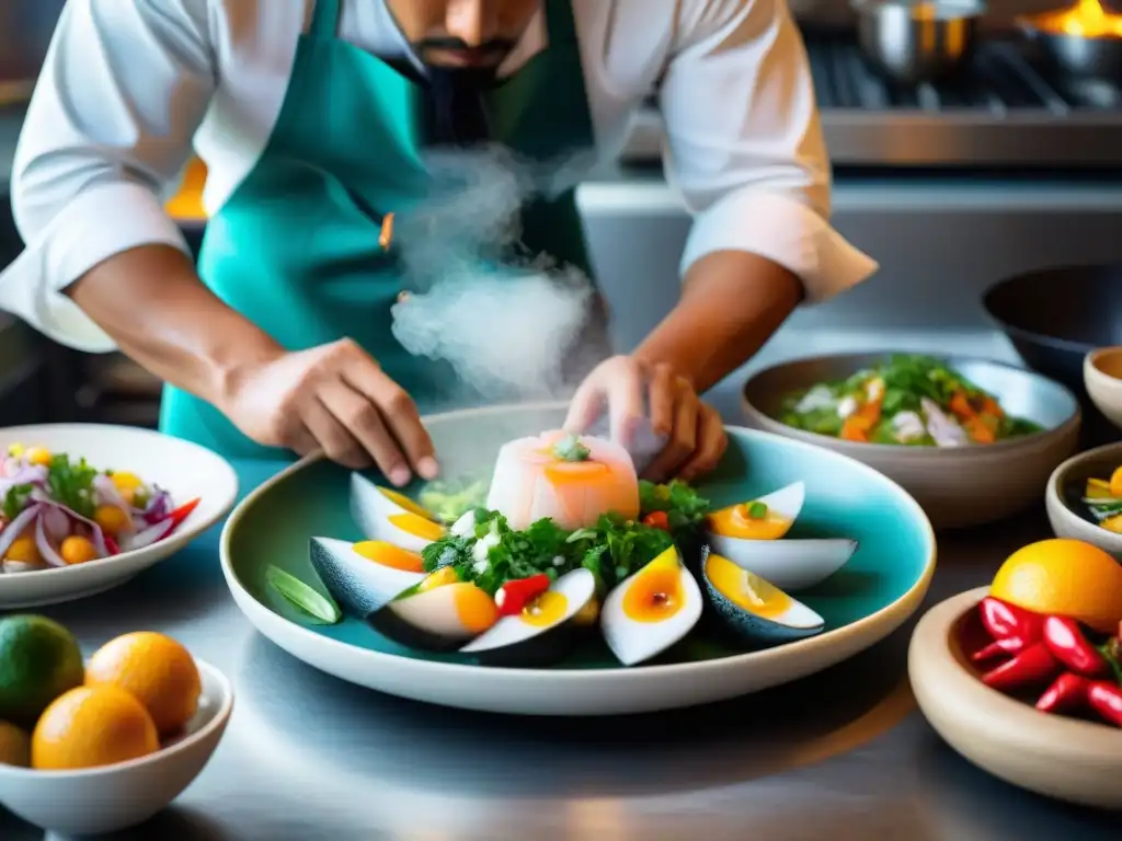 Chef preparando ceviche peruano en cocina vibrante, con ingredientes frescos