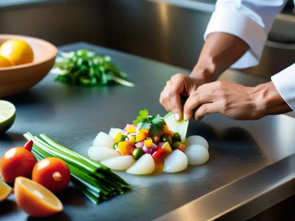 Preparación experta de ceviche peruano: tradición culinaria en acción Chef preparando ceviche peruano en cocina equipada con meticulosidad y colores vibrantes