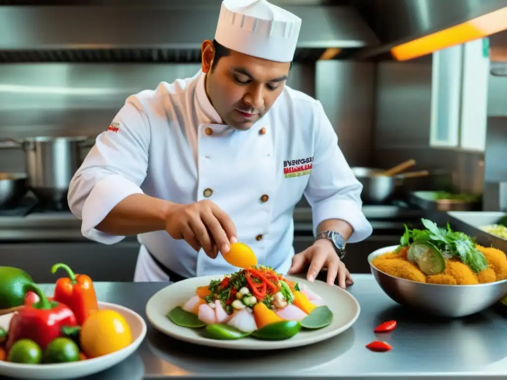 Chef Jaime Pesaque preparando ceviche peruano en una cocina bulliciosa con ingredientes vibrantes