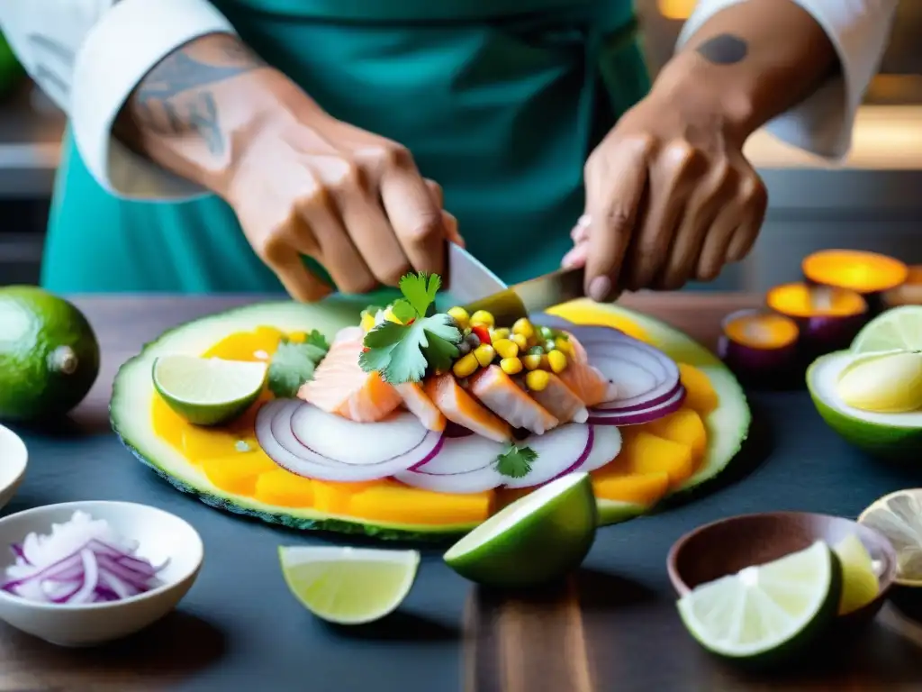 Un chef hábil prepara ceviche peruano en un concurrido restaurante