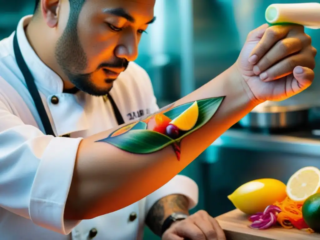 Un chef tatuando un ceviche peruano en un entusiasta de la gastronomía con precisión y pasión