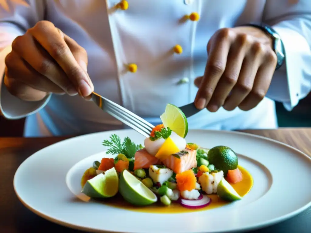 Un chef prepara meticulosamente ceviche peruano gourmet