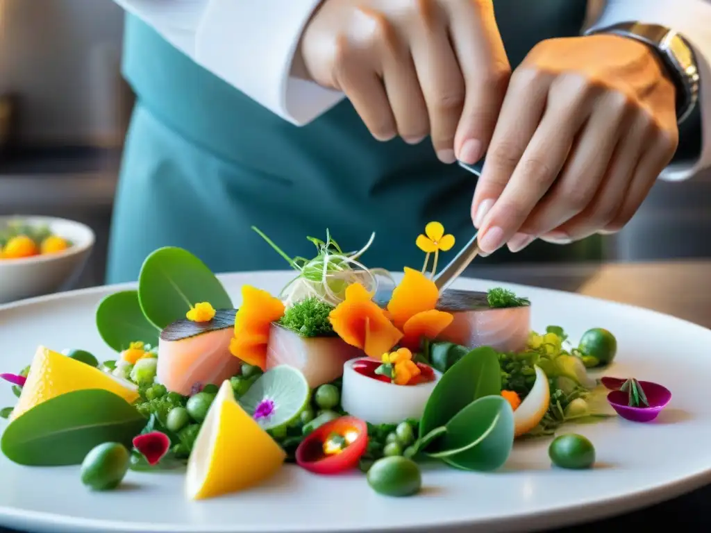 Chef preparando ceviche peruano gourmet con cuidado, destacando colores vibrantes y presentación artística