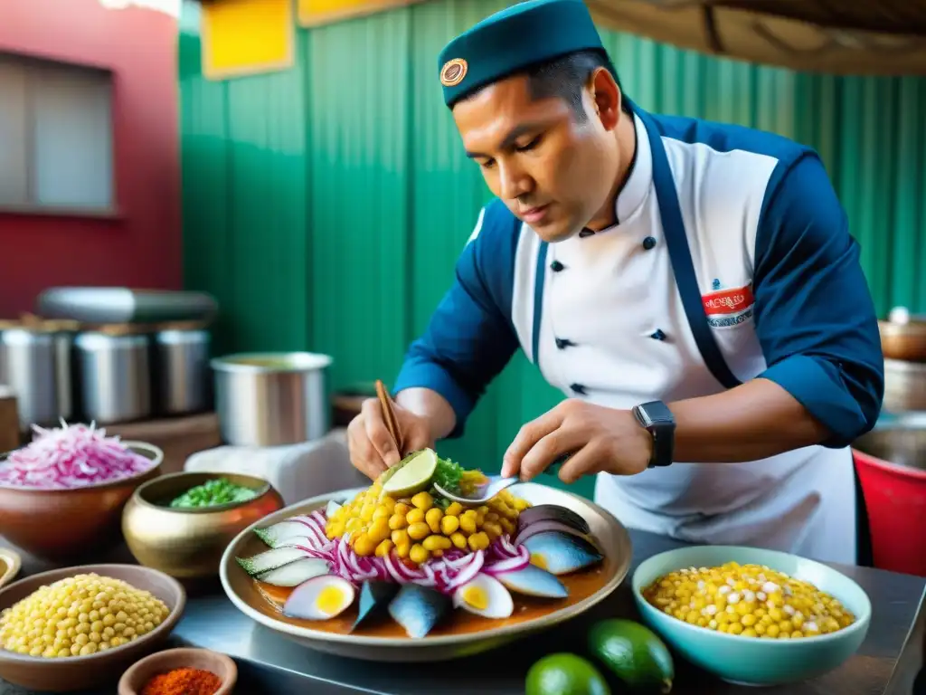 Un chef prepara ceviche peruano con ingredientes autóctonos en un mercado bullicioso