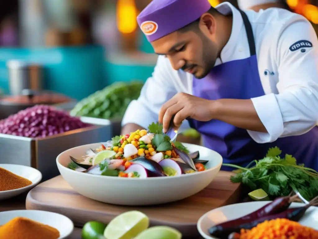 Un chef prepara ceviche peruano con ingredientes autóctonos en un mercado vibrante bajo el sol peruano