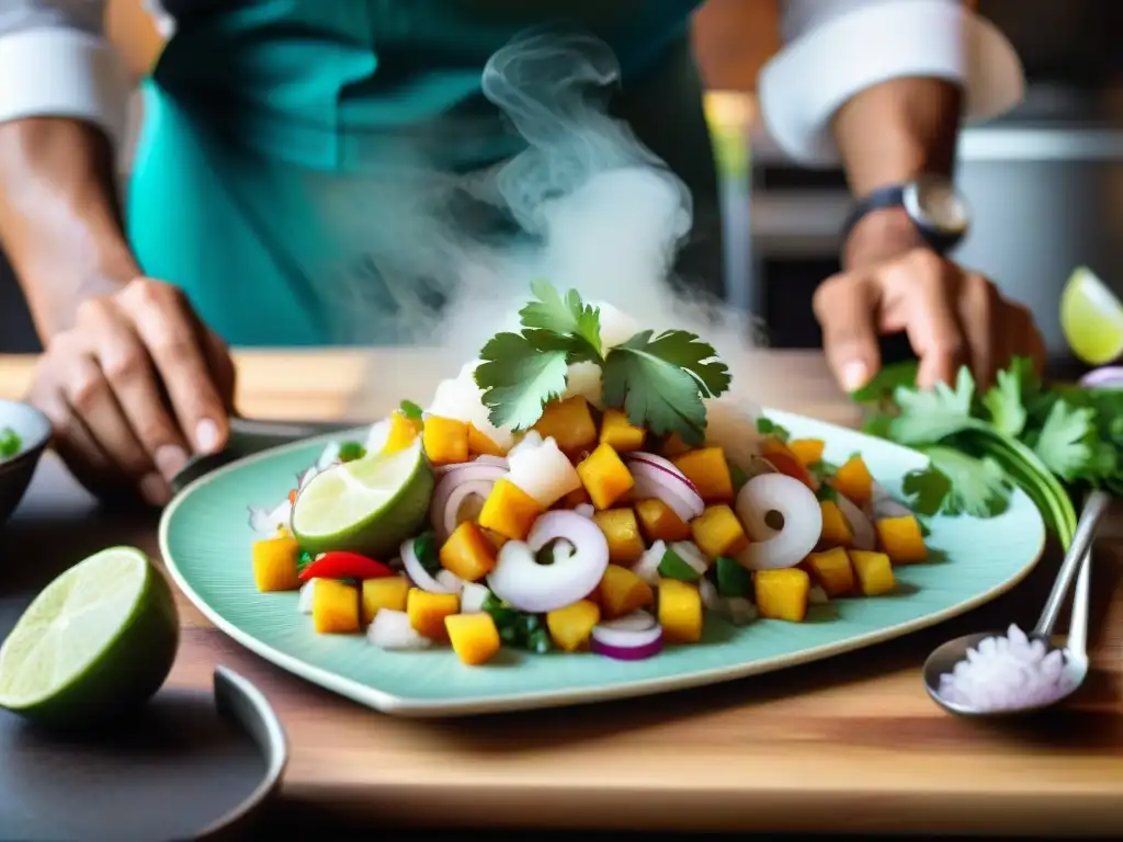 Un chef prepara un ceviche peruano con ingredientes autóctonos en una cocina bulliciosa