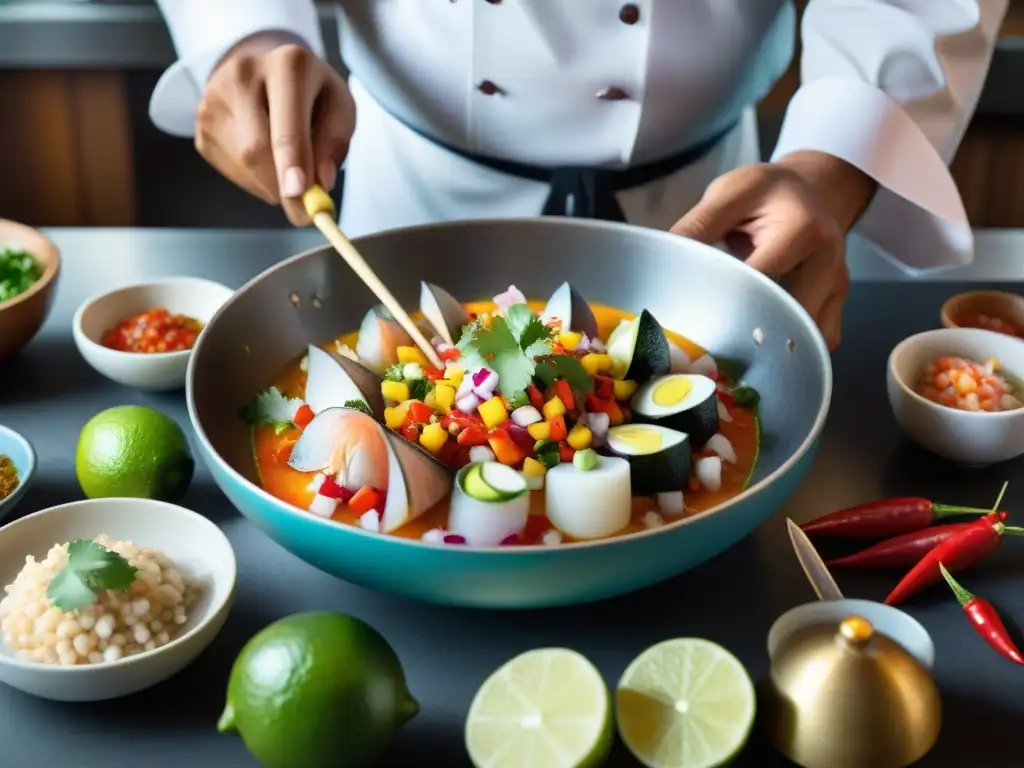 Un chef prepara ceviche peruano en Lima, con ingredientes frescos y coloridos