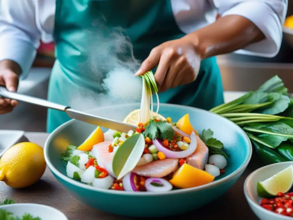 Un chef preparando ceviche peruano con ingredientes autóctonos