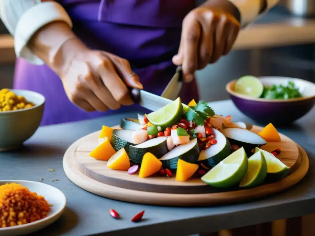 Un chef prepara ceviche peruano con ingredientes autóctonos y vibrantes en una cocina rústica