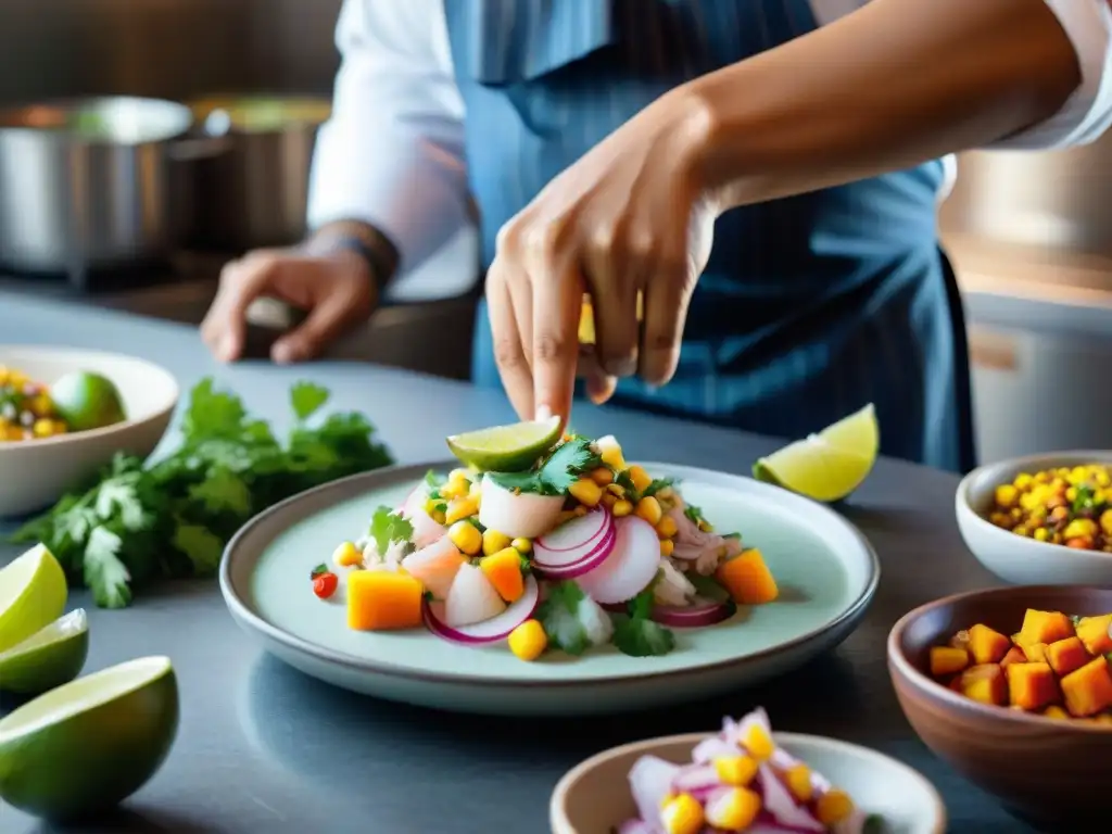 Chef preparando un ceviche peruano con ingredientes autóctonos