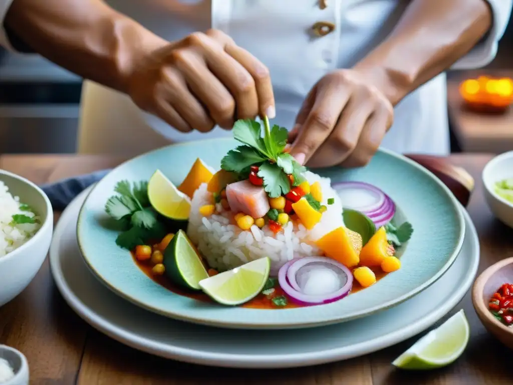 Chef preparando ceviche peruano con ingredientes autóctonos