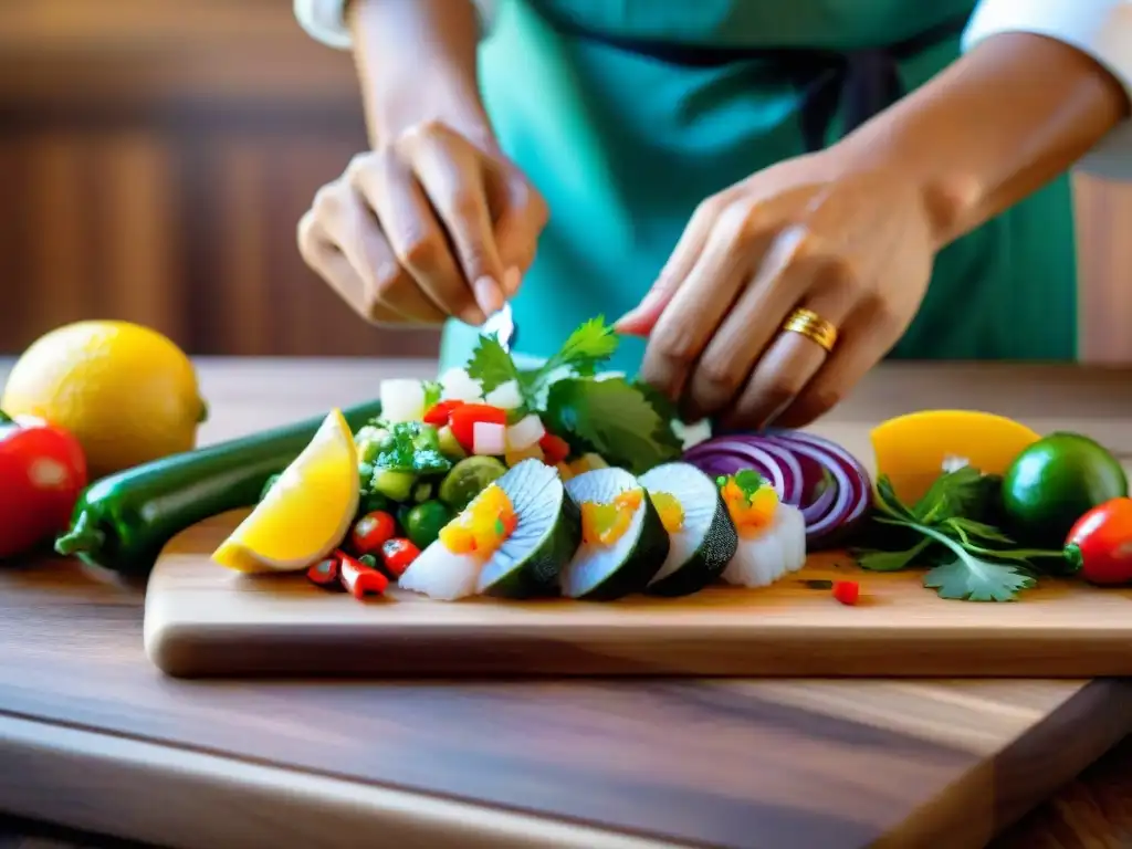 Un chef preparando ceviche peruano con ingredientes frescos