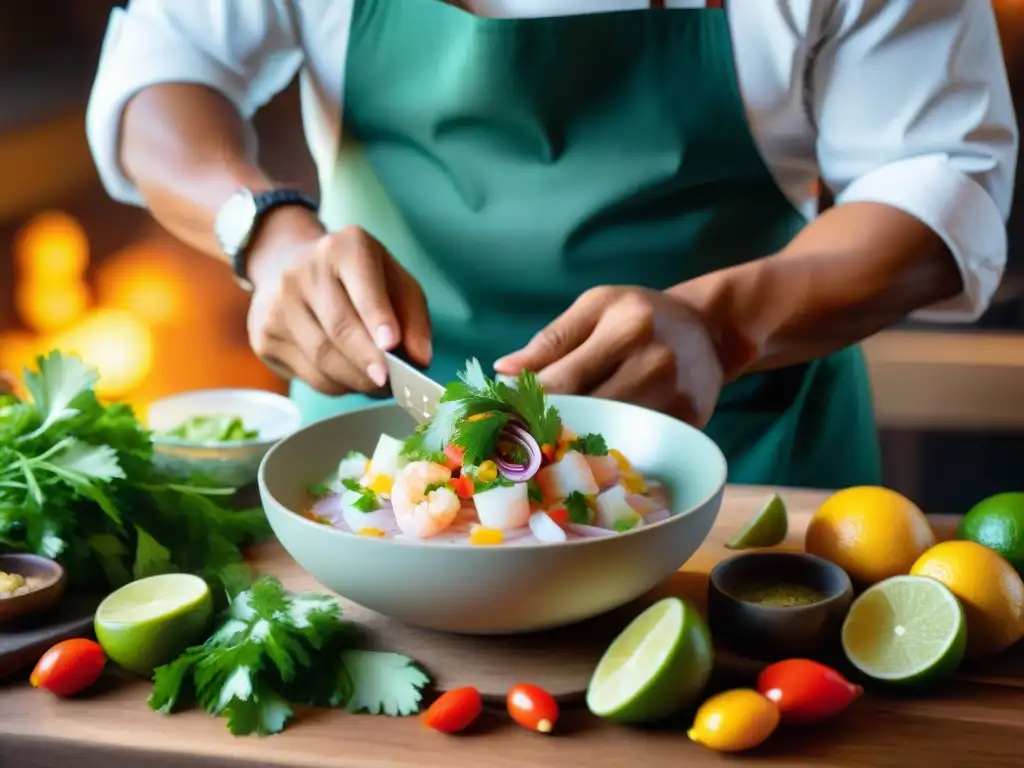 Chef Rafael Osterling preparando ceviche peruano con ingredientes frescos en cocina auténtica