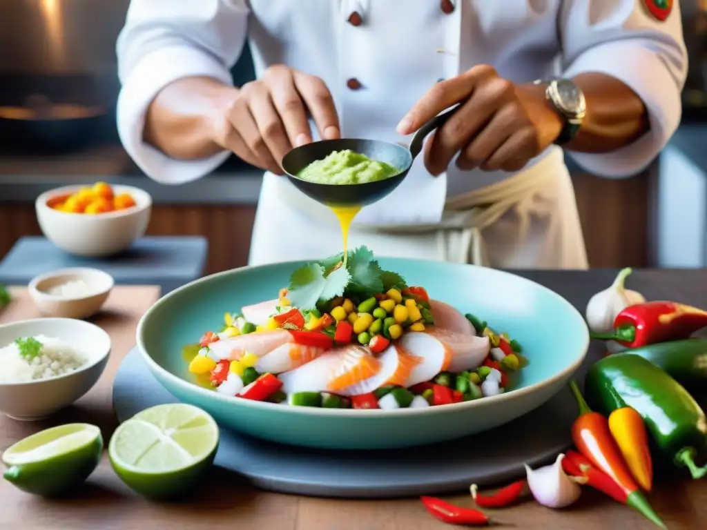 Un chef prepara un ceviche peruano con leche de tigre, destacando tradición y sabor