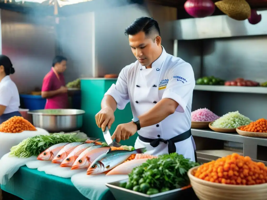 Un chef prepara ceviche peruano en mercado costero