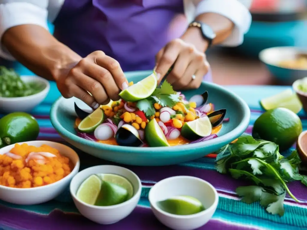 Chef preparando ceviche peruano en mercado andino