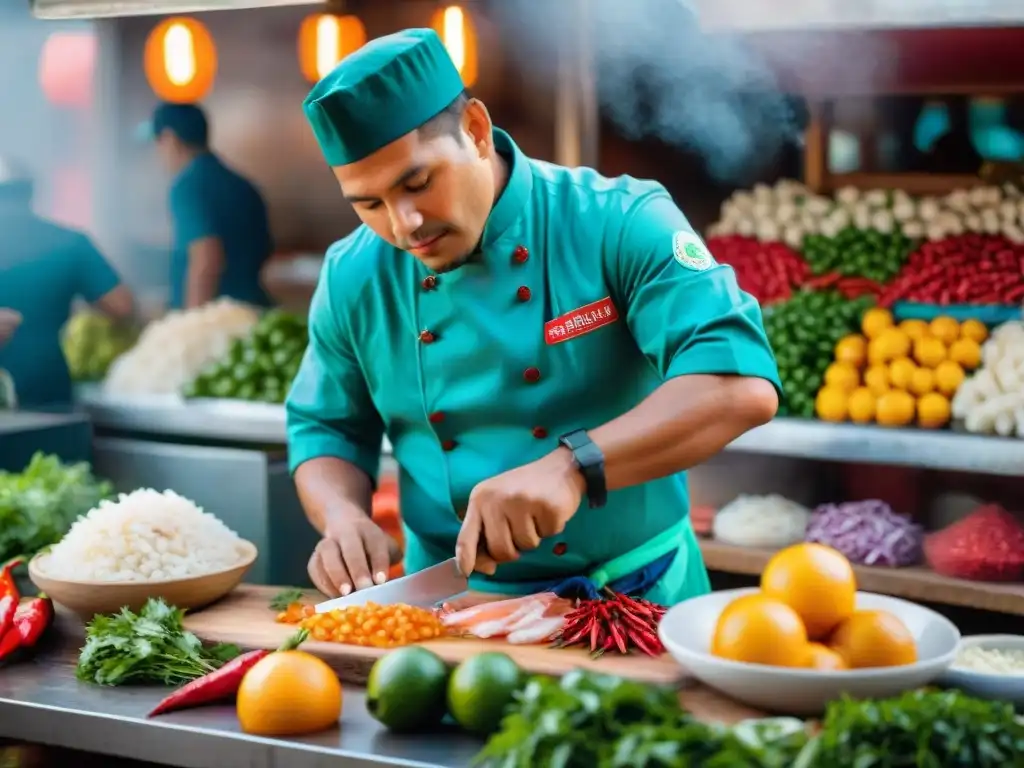 Un chef prepara ceviche peruano en un mercado de Lima