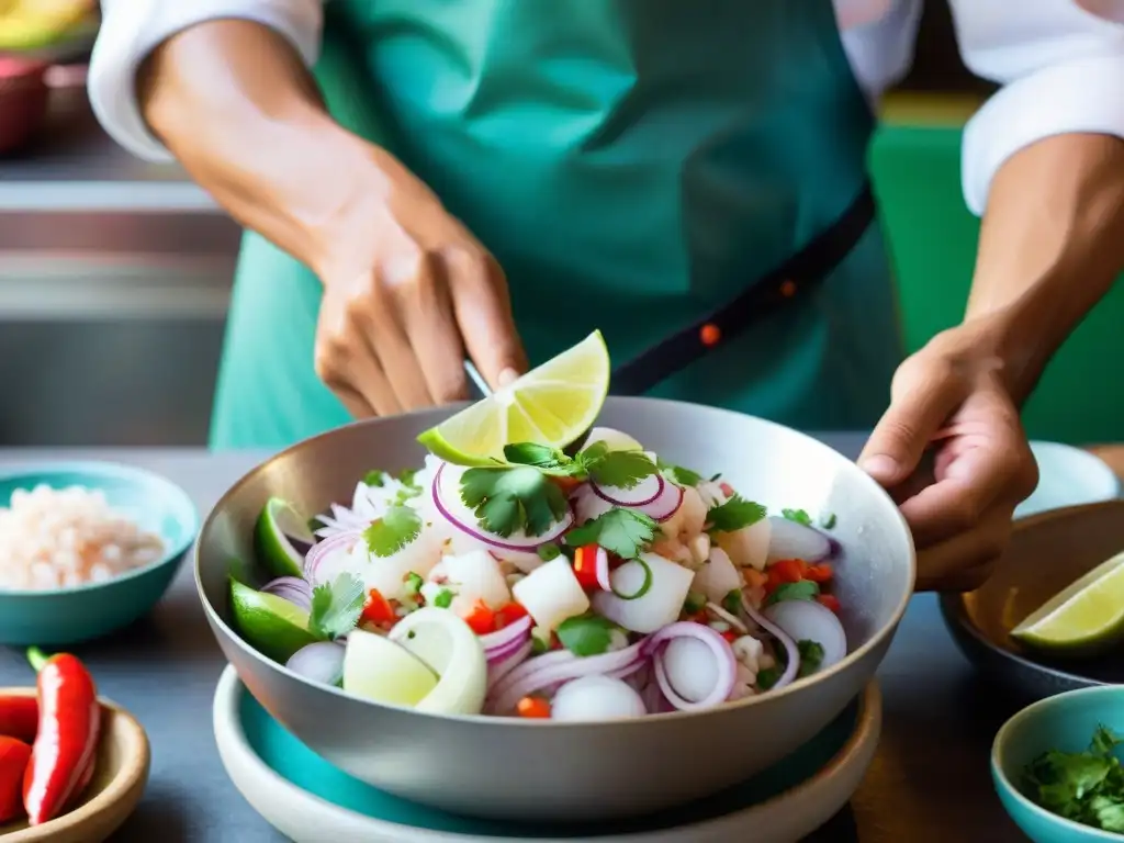 Un chef prepara ceviche peruano en un mercado vibrante con historia platos peruanos autóctonos