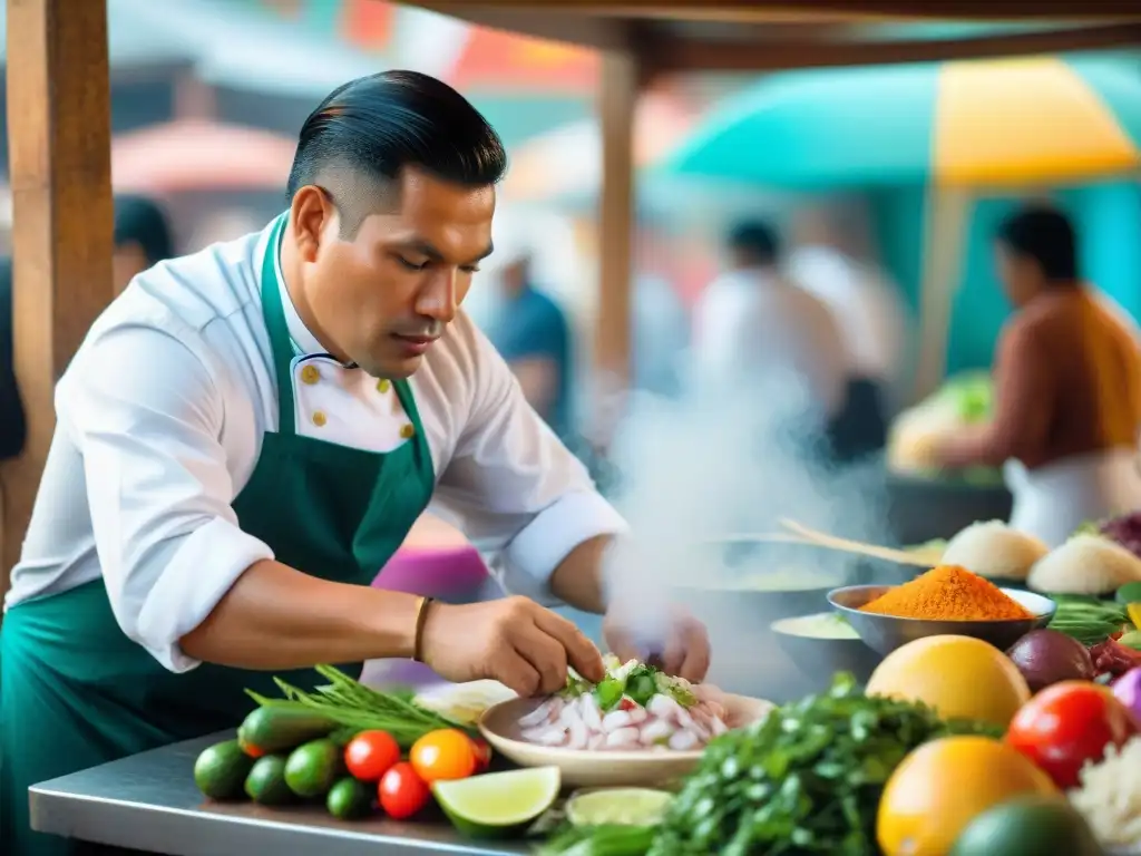 Un chef preparando ceviche peruano en un mercado local con ingredientes frescos - historia platos peruanos autóctonos