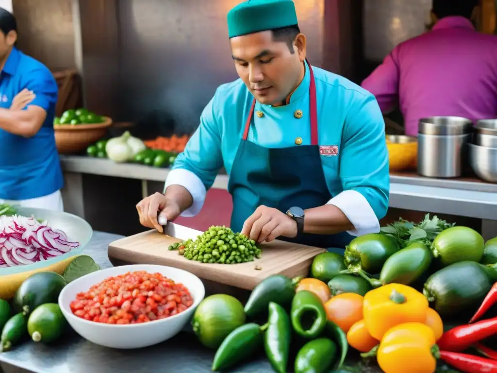 Un chef prepara ceviche peruano en mercado bullicioso: pescado fresco, limón, ajíes y cebolla