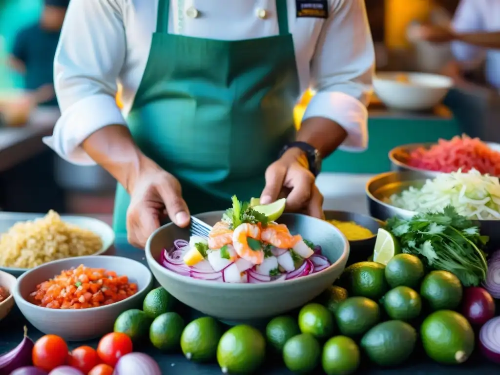 Un chef prepara un ceviche peruano en un mercado, rodeado de ingredientes frescos