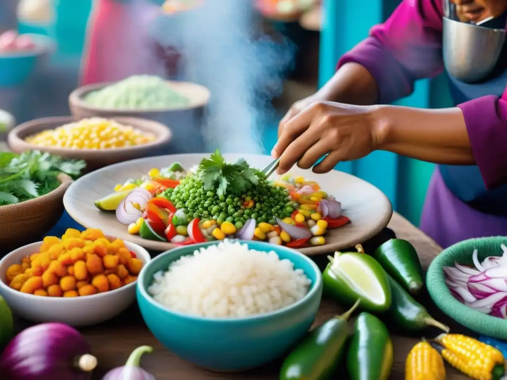 Un chef prepara ceviche peruano en un mercado tradicional, mostrando la gastronomía peruana y sus sabores ancestrales