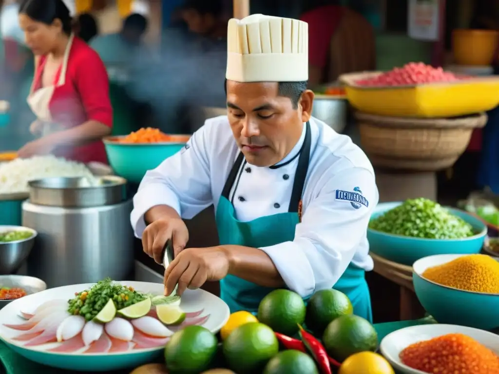 Un chef preparando ceviche peruano en un mercado costero