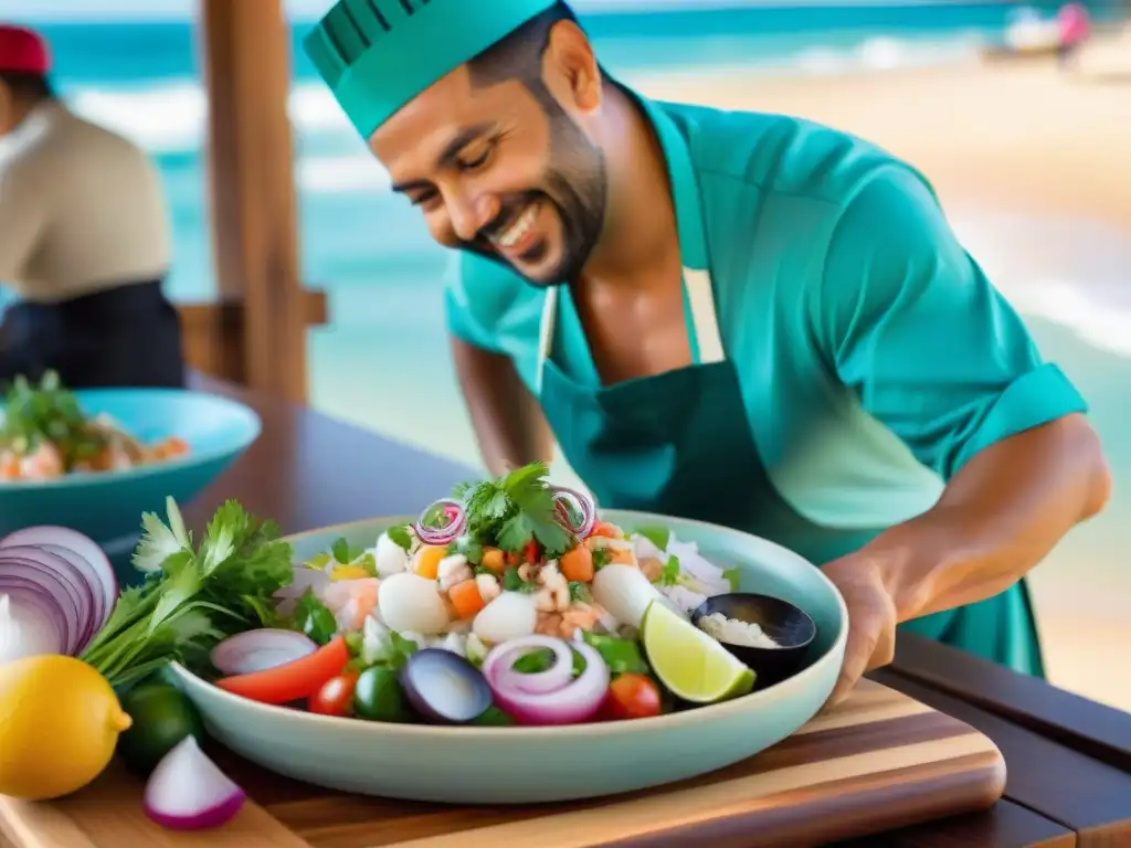 Un chef prepara ceviche peruano en una playa del norte, en un mercado colorido