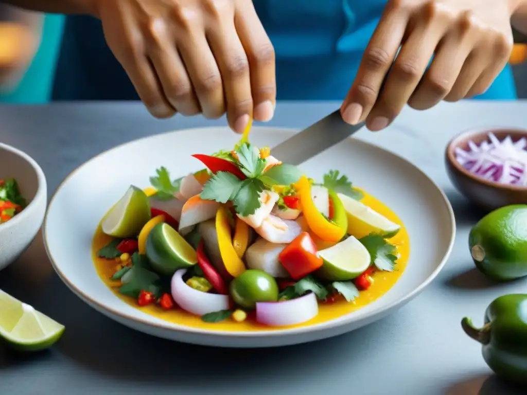 Un chef preparando ceviche peruano en realidad virtual, con colores vibrantes y detalles meticulosos