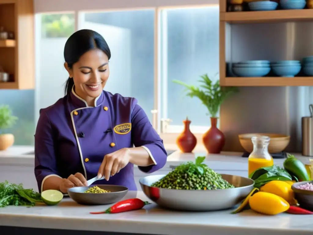 Una chef prepara ceviche peruano rodeada de ingredientes en su cocina