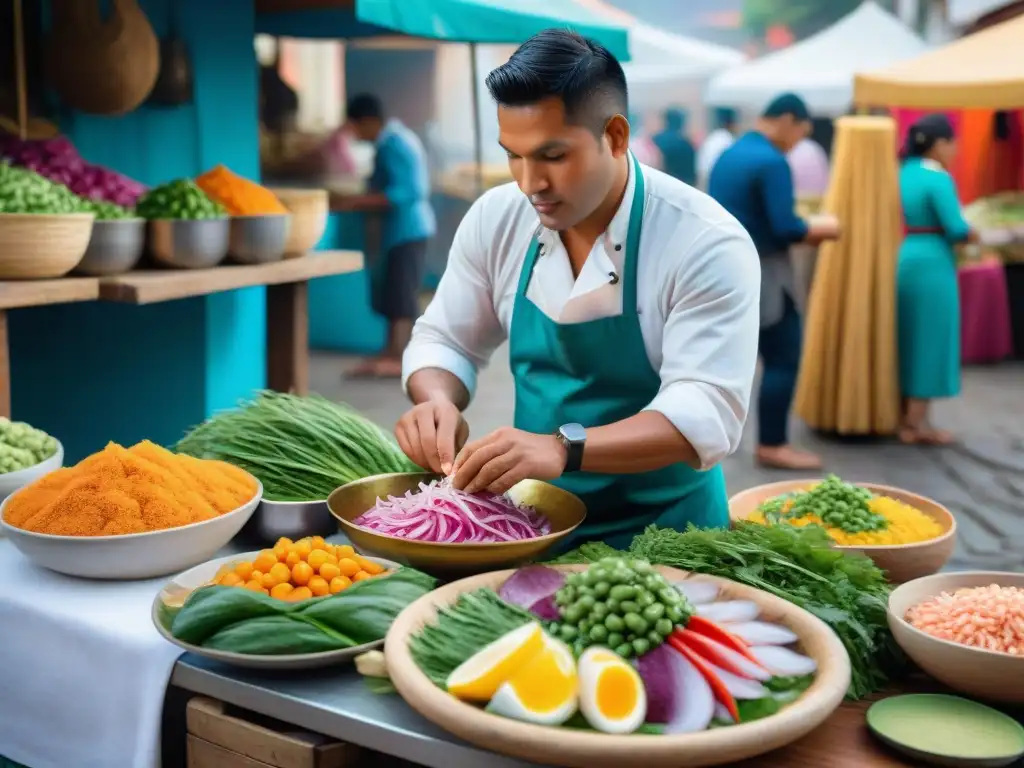 Un chef prepara ceviche peruano rodeado de ingredientes frescos en un bullicioso mercado al aire libre en Lima