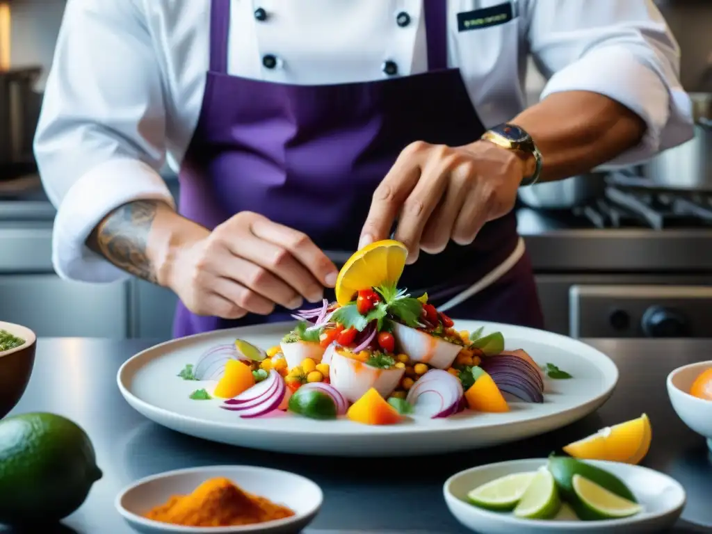 Chef preparando ceviche peruano en Nueva York con maestría y pasión, fusionando sabores