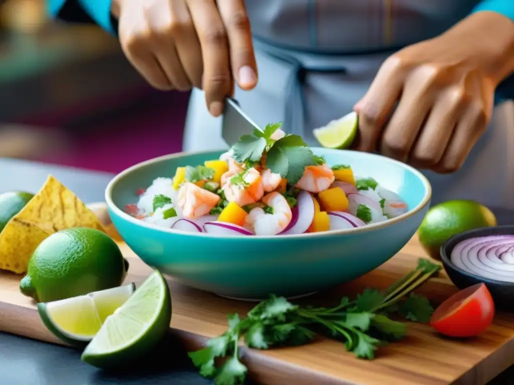 Un chef prepara un ceviche peruano tradicional con ingredientes autóctonos en una cocina vibrante